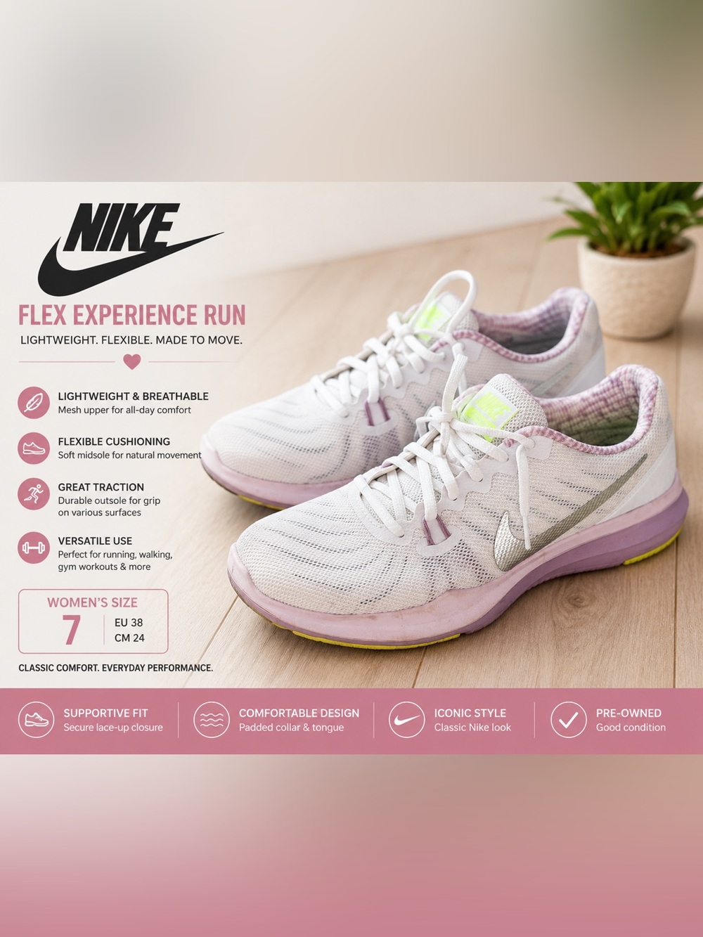 Nike Flex Experience Run Women’s Running Shoes Size 7 White Pink Athletic